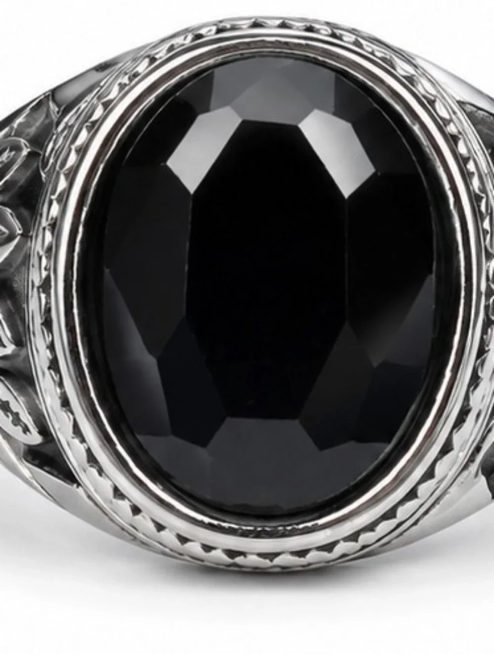 Men's Black Stone Stainless Steel Ring Rhodium Plated Gothic Statement Ring - Picture 1 of 11